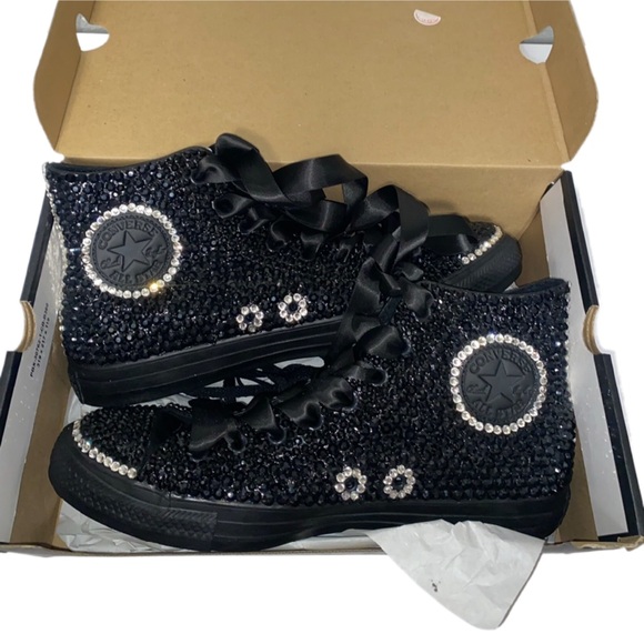 Jet Black & Crystal High Top Converse Sizes 5-14 New In Box With Ribbon Laces - Picture 1 of 12